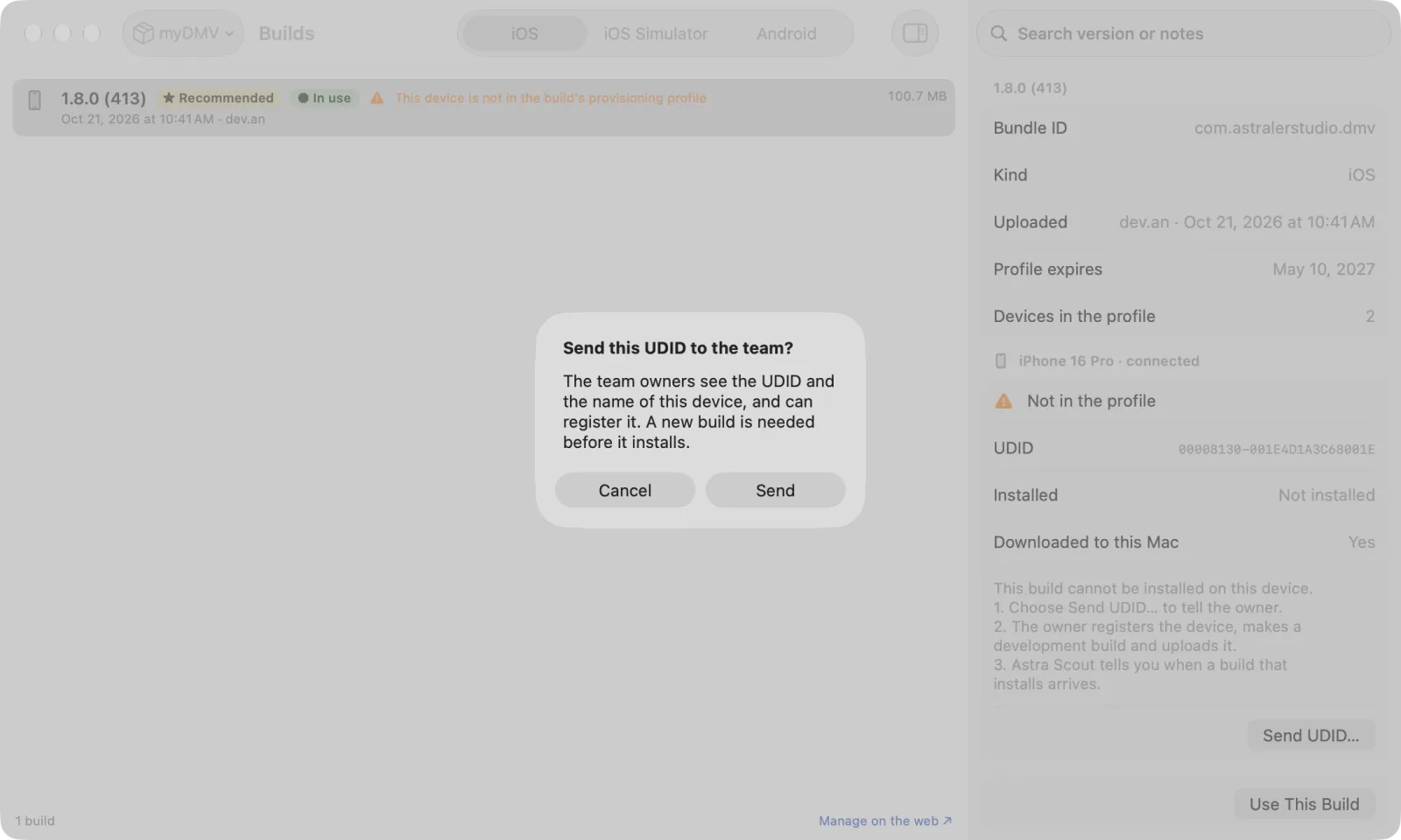 The confirmation "Send this UDID to the team?" with Cancel and Send