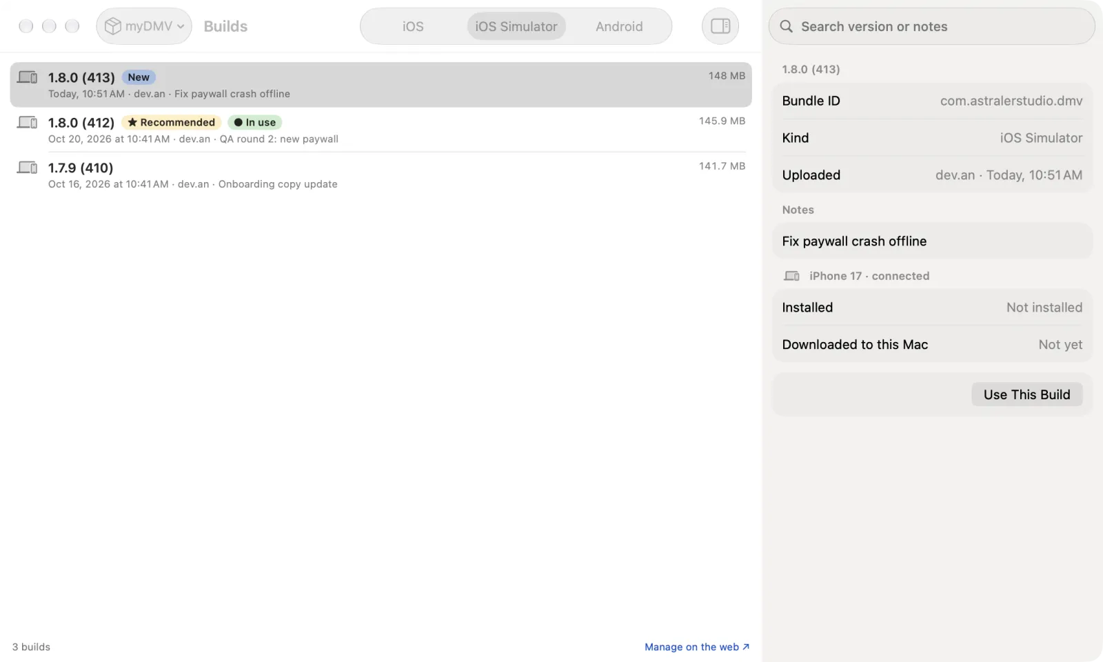 Builds window: three simulator builds of myDMV with the New, Recommended and In use badges, and the notes of the selected build in the inspector