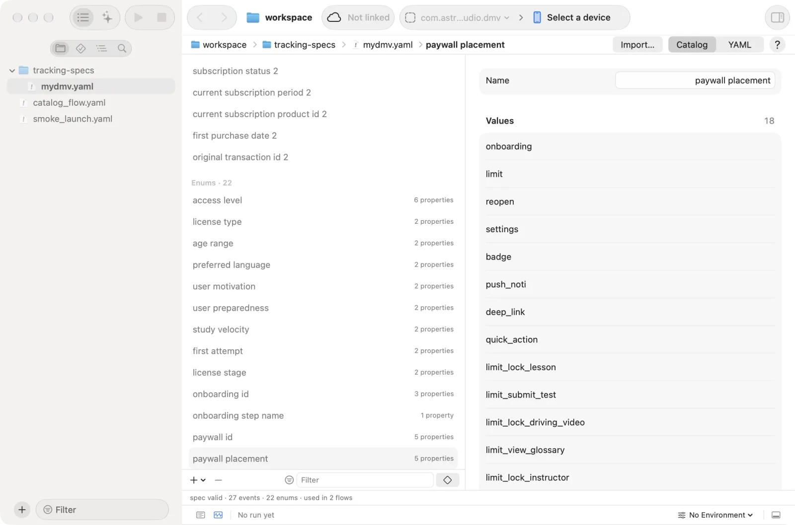 An enum in the catalog view: its values and the properties that use it