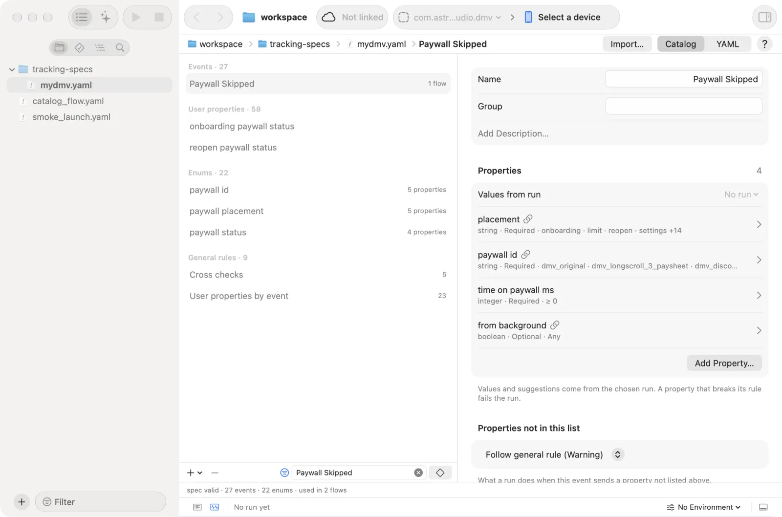 The catalog view: the list on the left, the selected event on the right