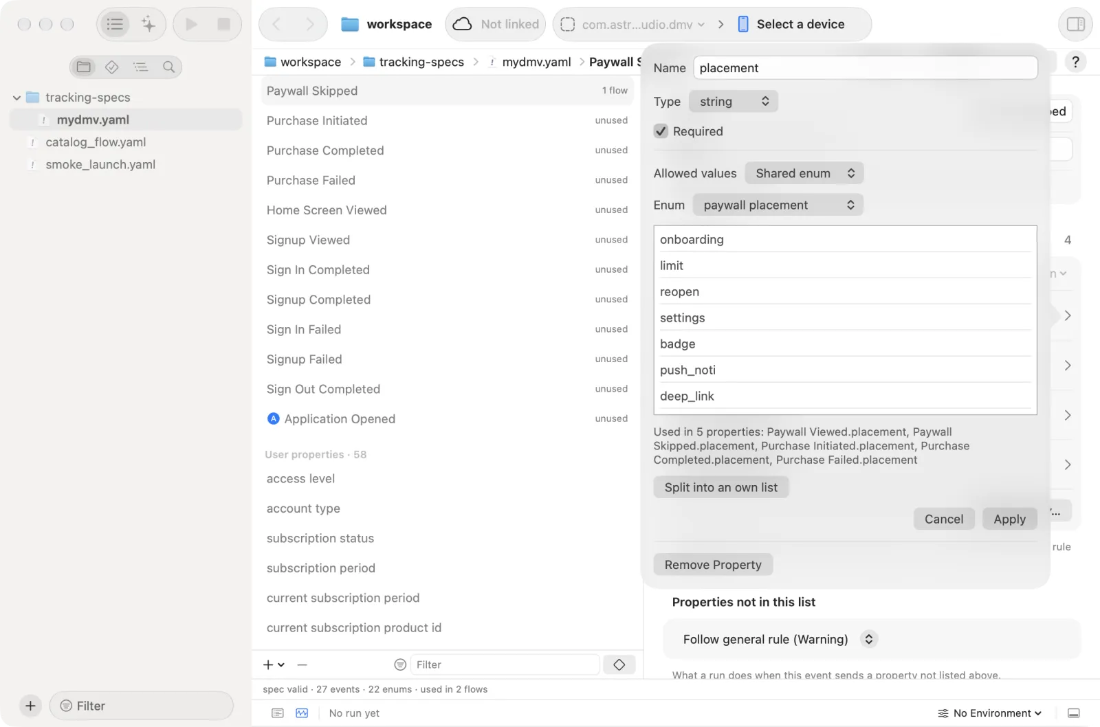 The property popover: type, required and the allowed values