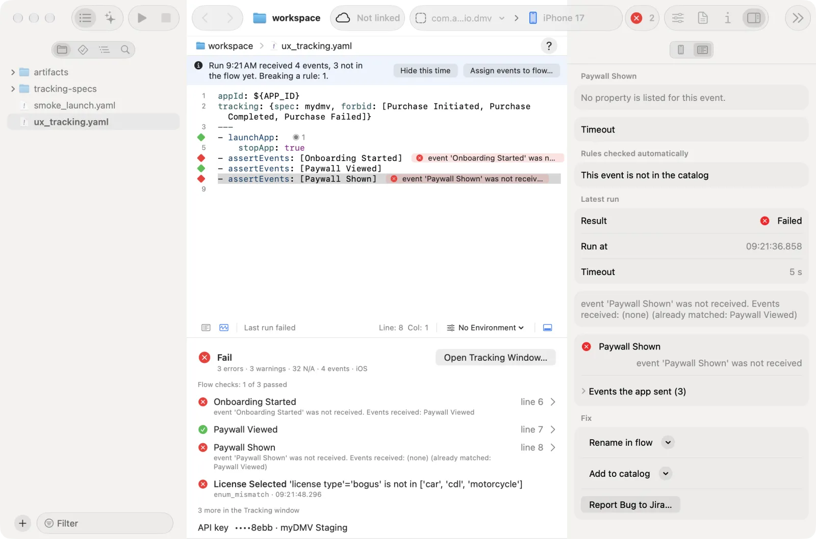 The editor after a run: the info bar and the grey counts on the action lines