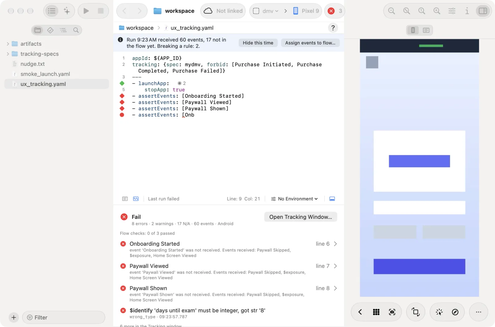 The editor suggests event names, then properties, inside assertEvents