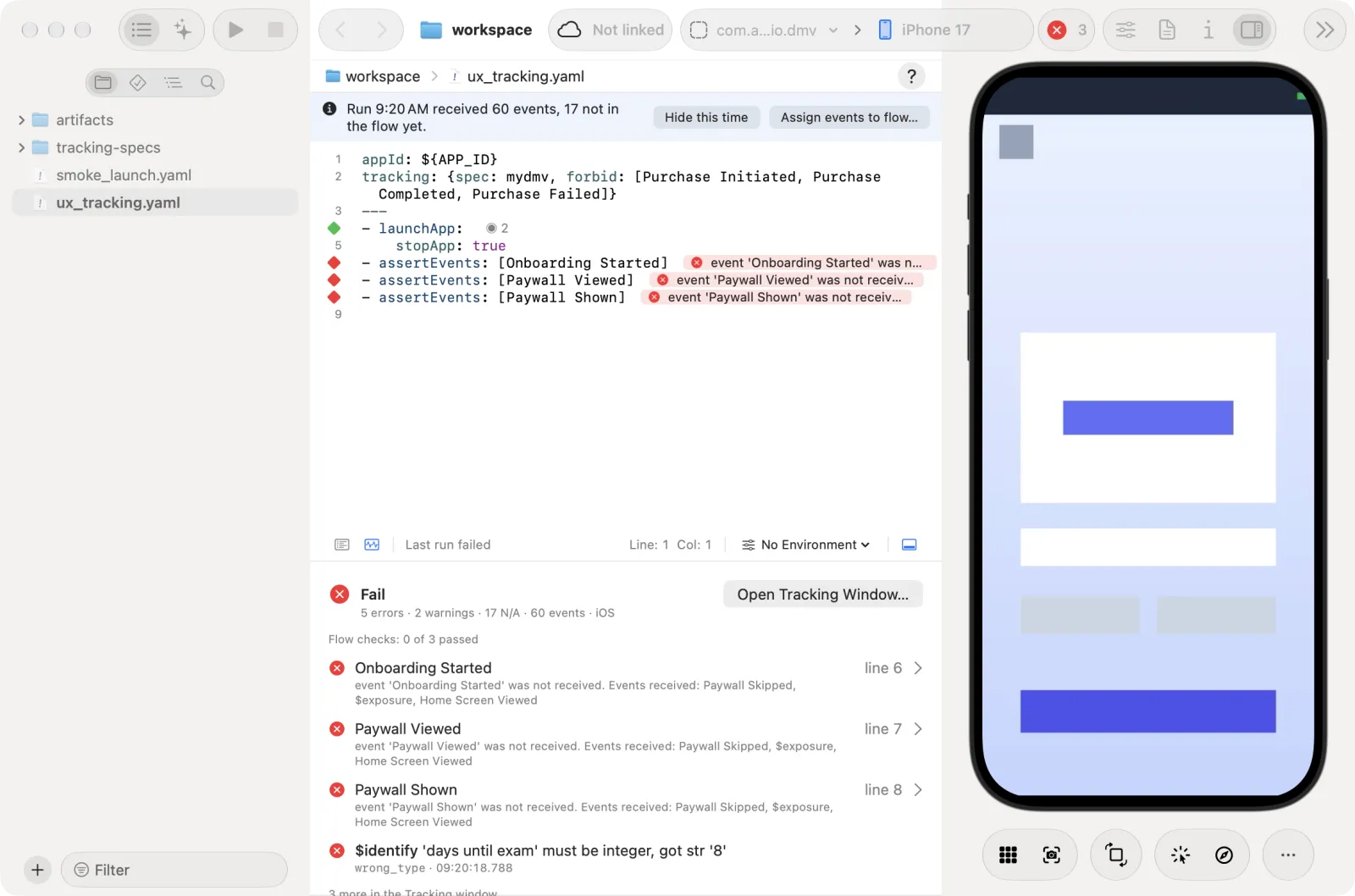 assertEvents results at the line in the editor