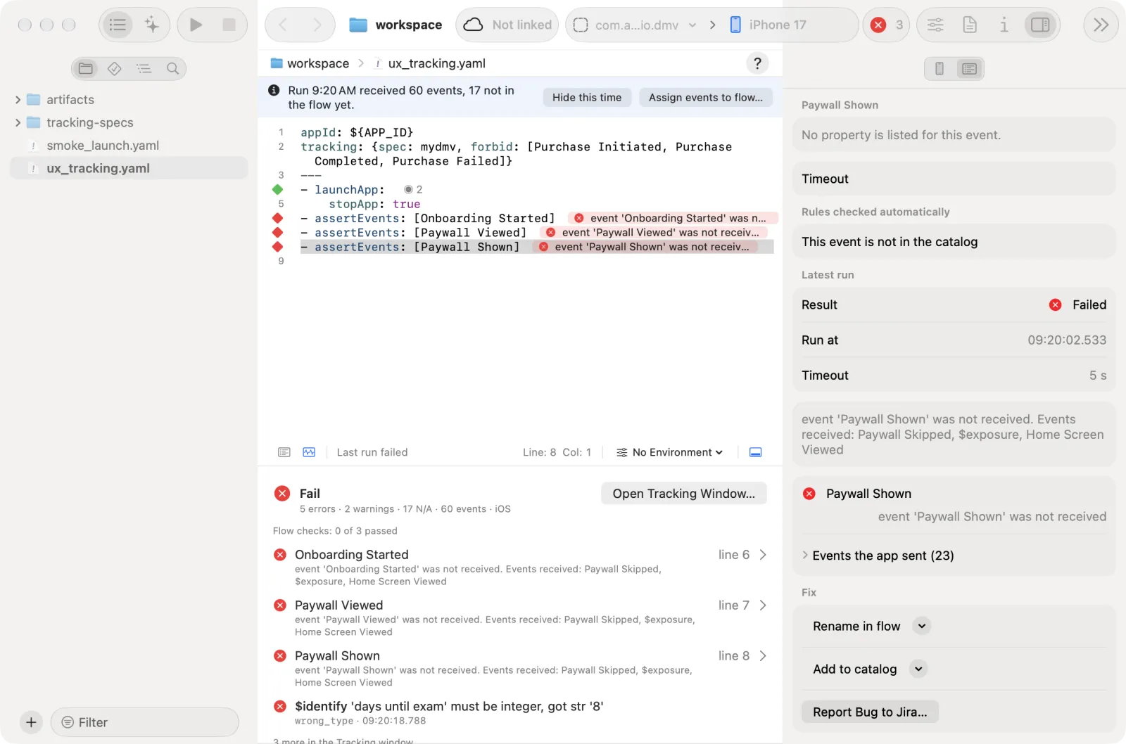 The Event tab for an assertEvents line