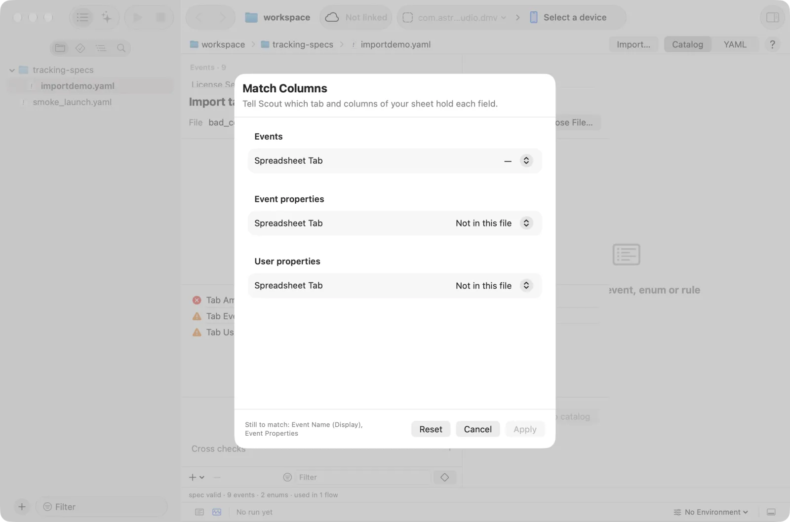 Match Columns: pick the tab of each kind, then the column of each field