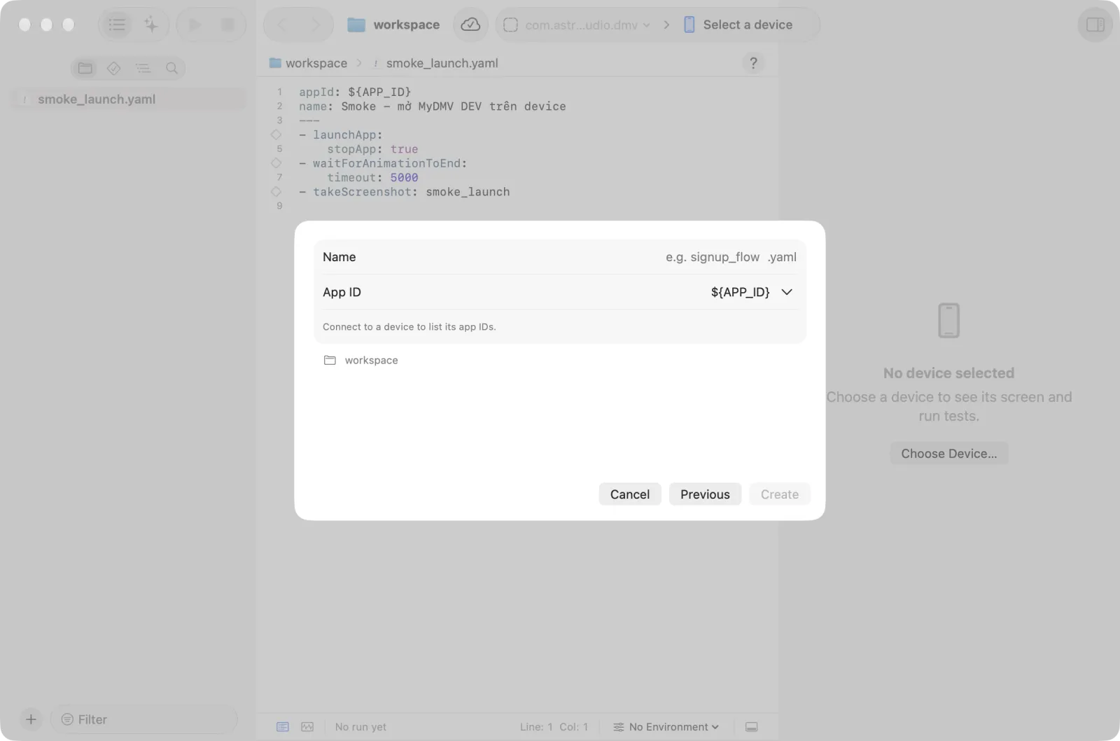 The New File sheet with the name, the App ID and the folder