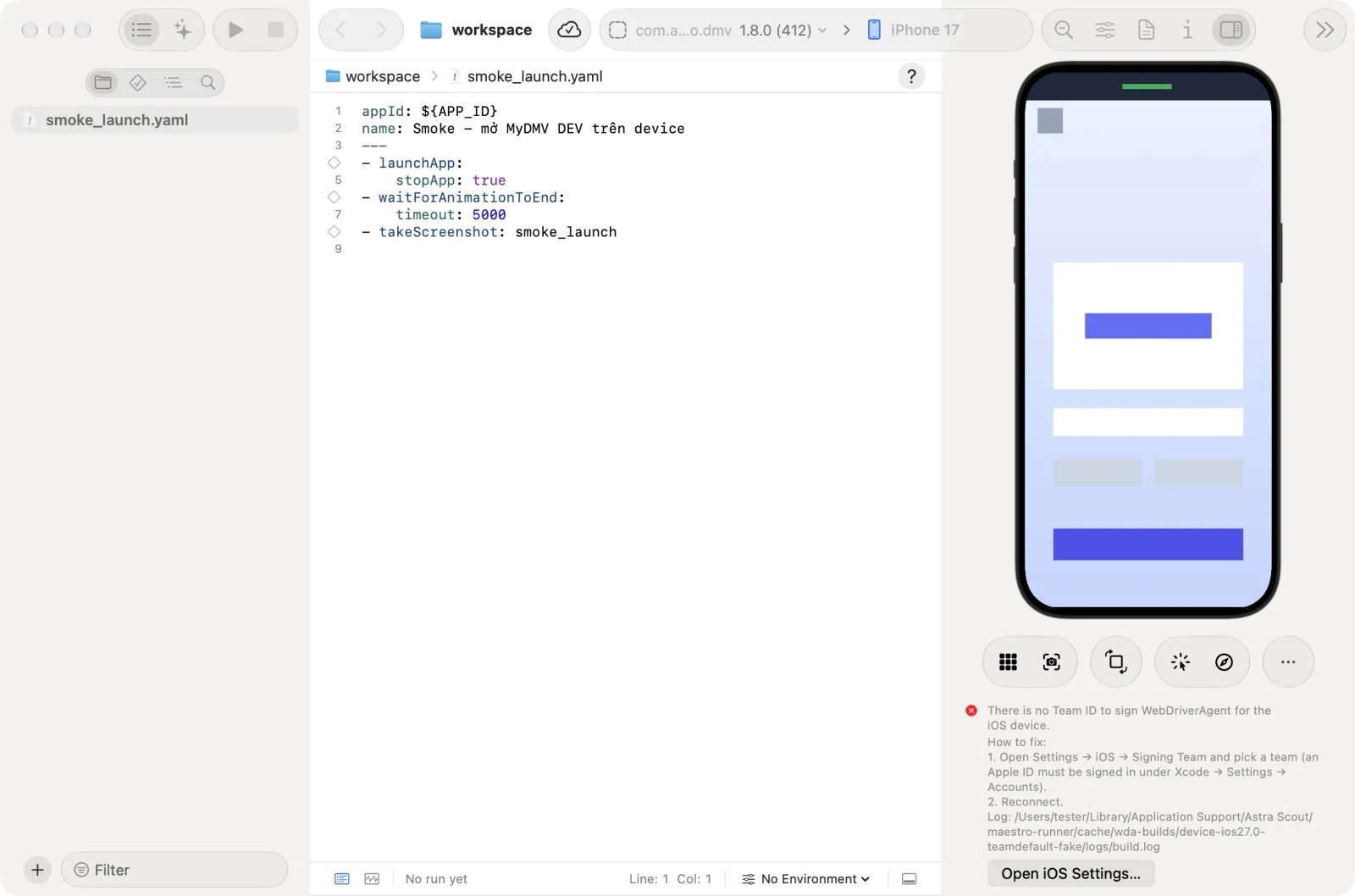 The iOS device connect panel with a WebDriverAgent signing error