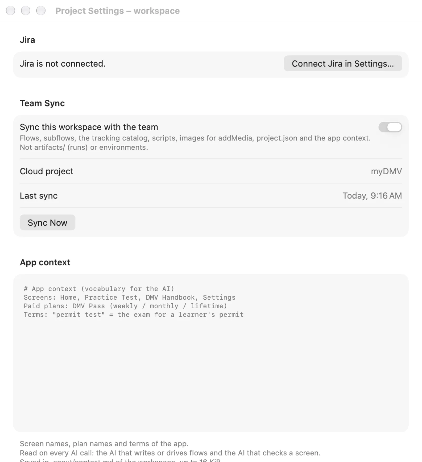 Project Settings with the App context section