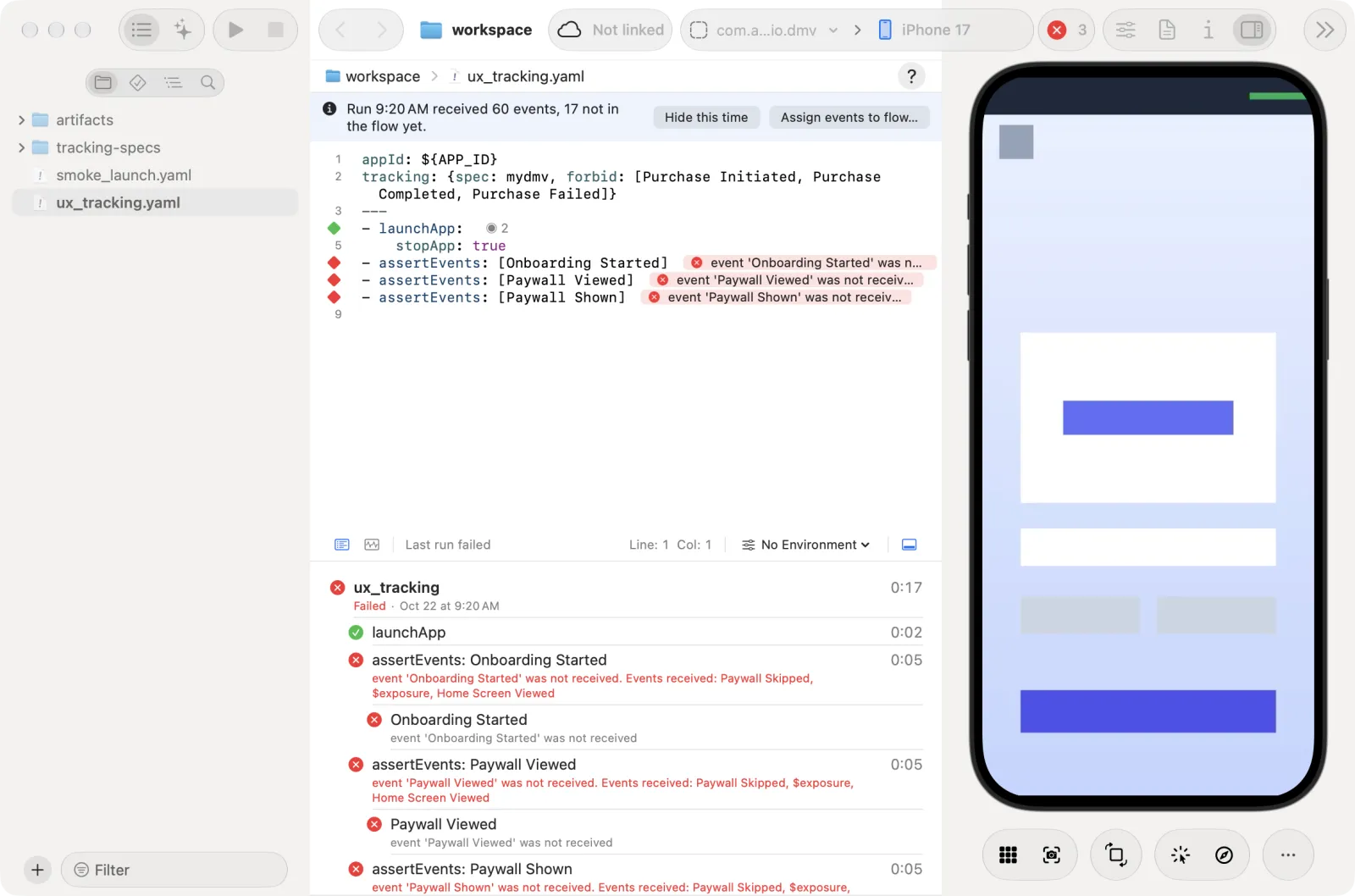 The runner's steps: each assertEvents step with one row per expected event