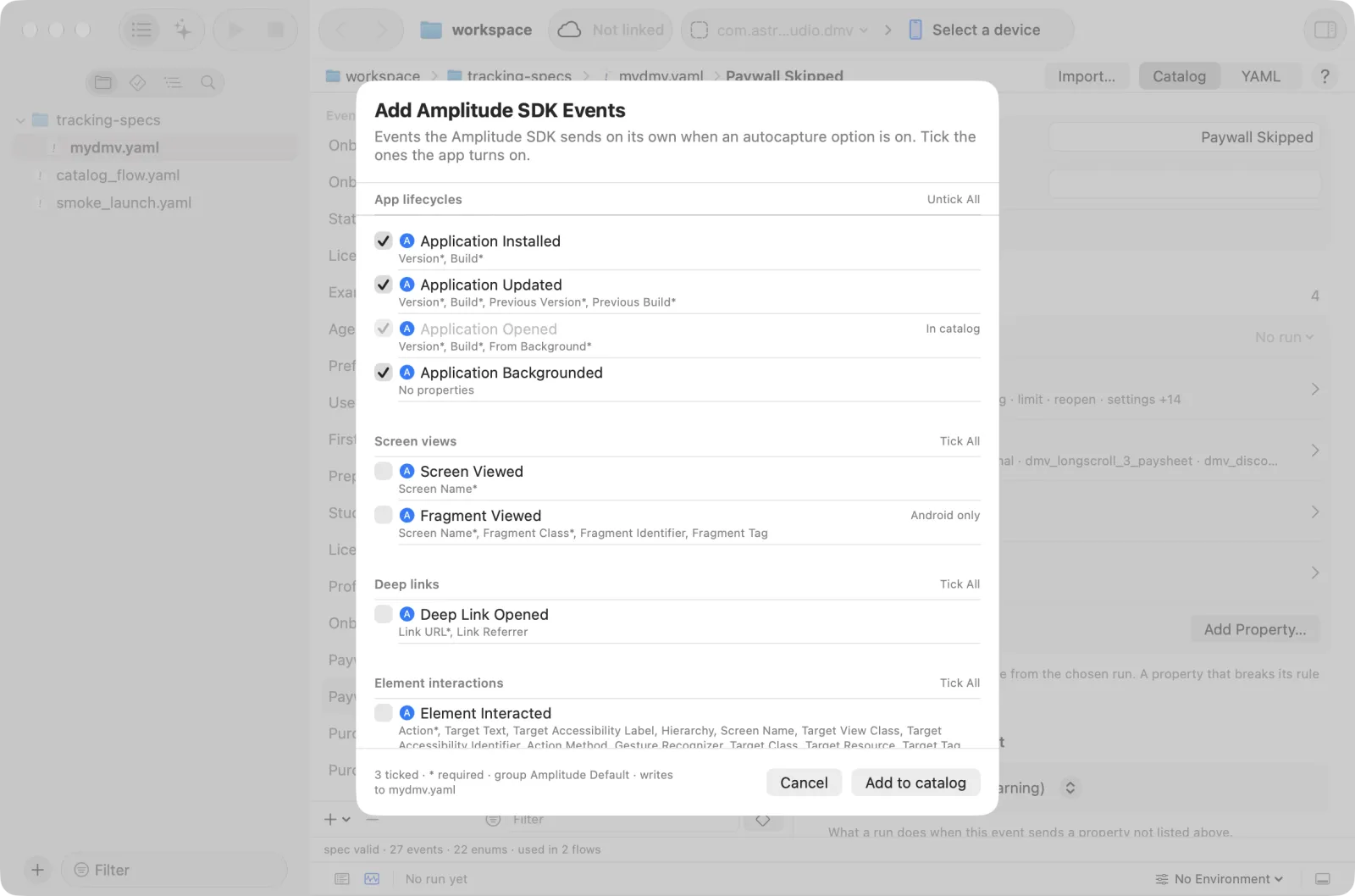 The Amplitude SDK Events sheet