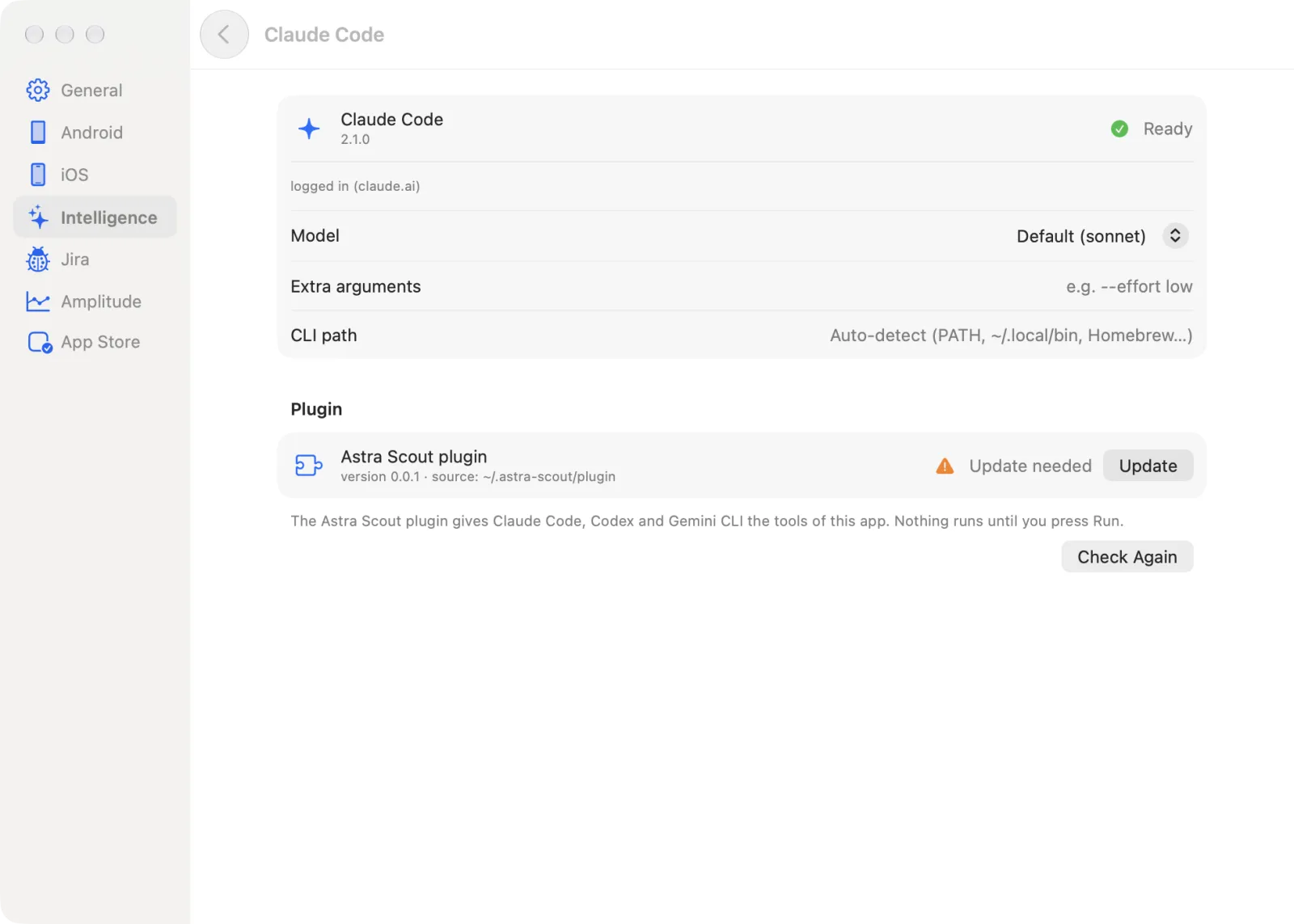 Settings, Claude Code page, with the plugin row and the install command