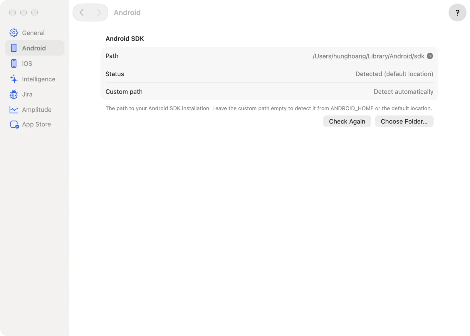 Settings, Android pane