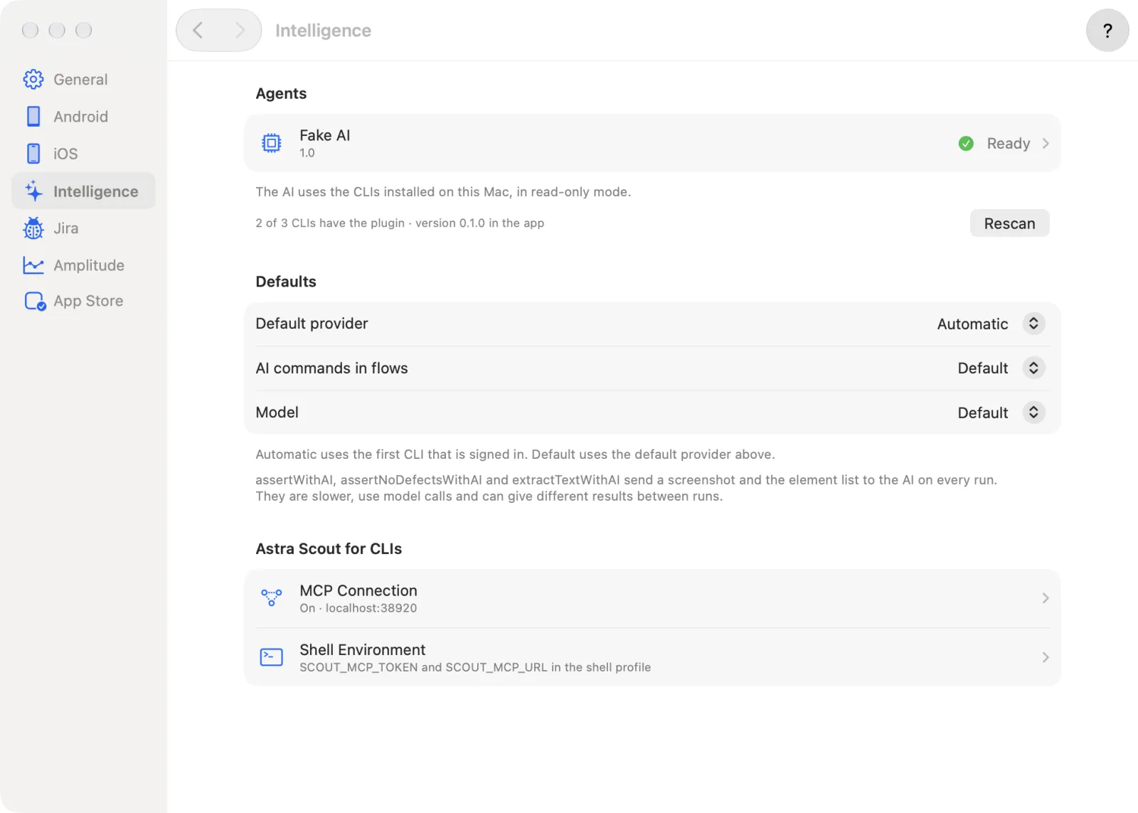 Settings, Intelligence, with the Agents list and Astra Scout for CLIs
