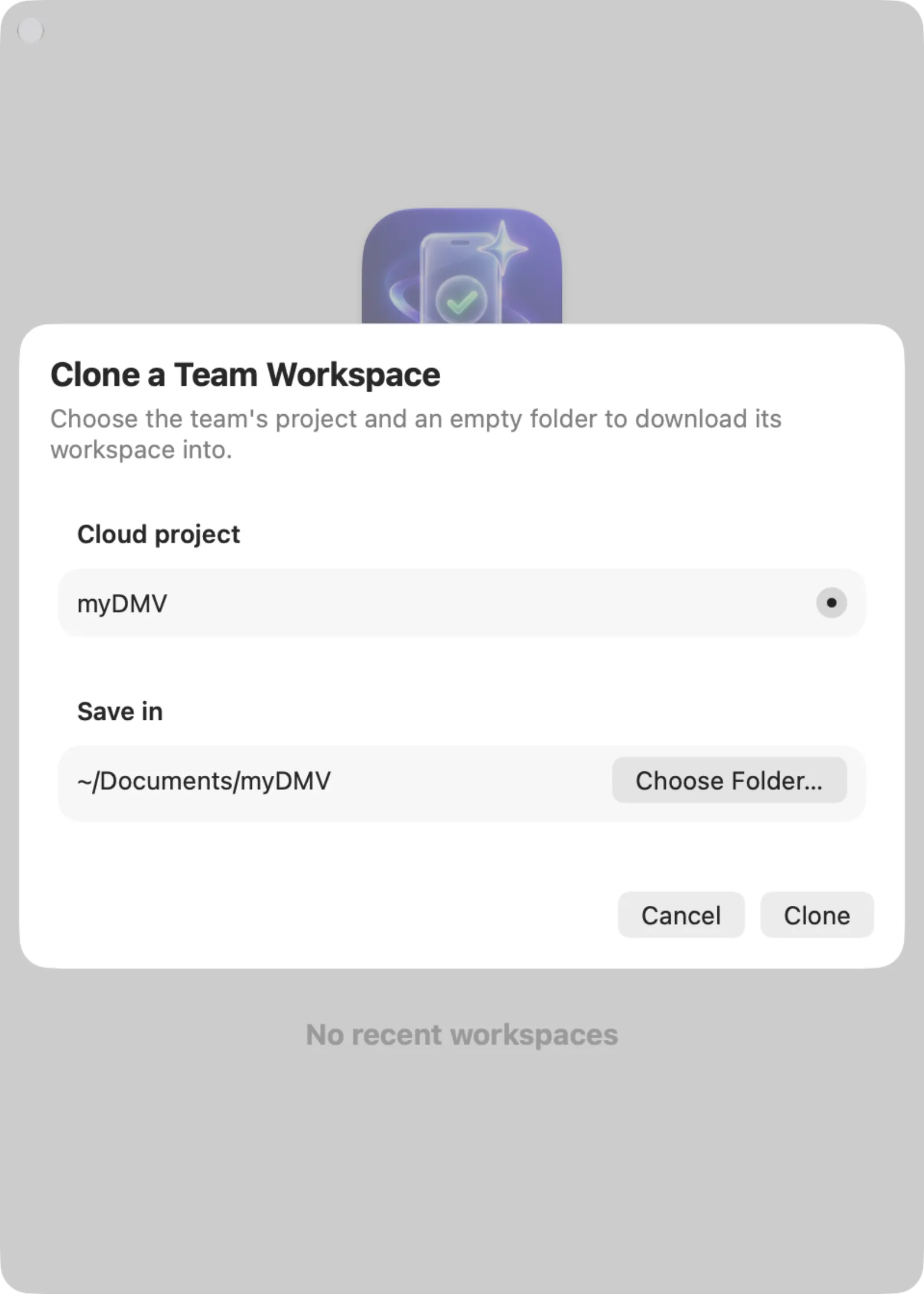Clone a Team Workspace sheet with the project myDMV chosen and a folder under Save in