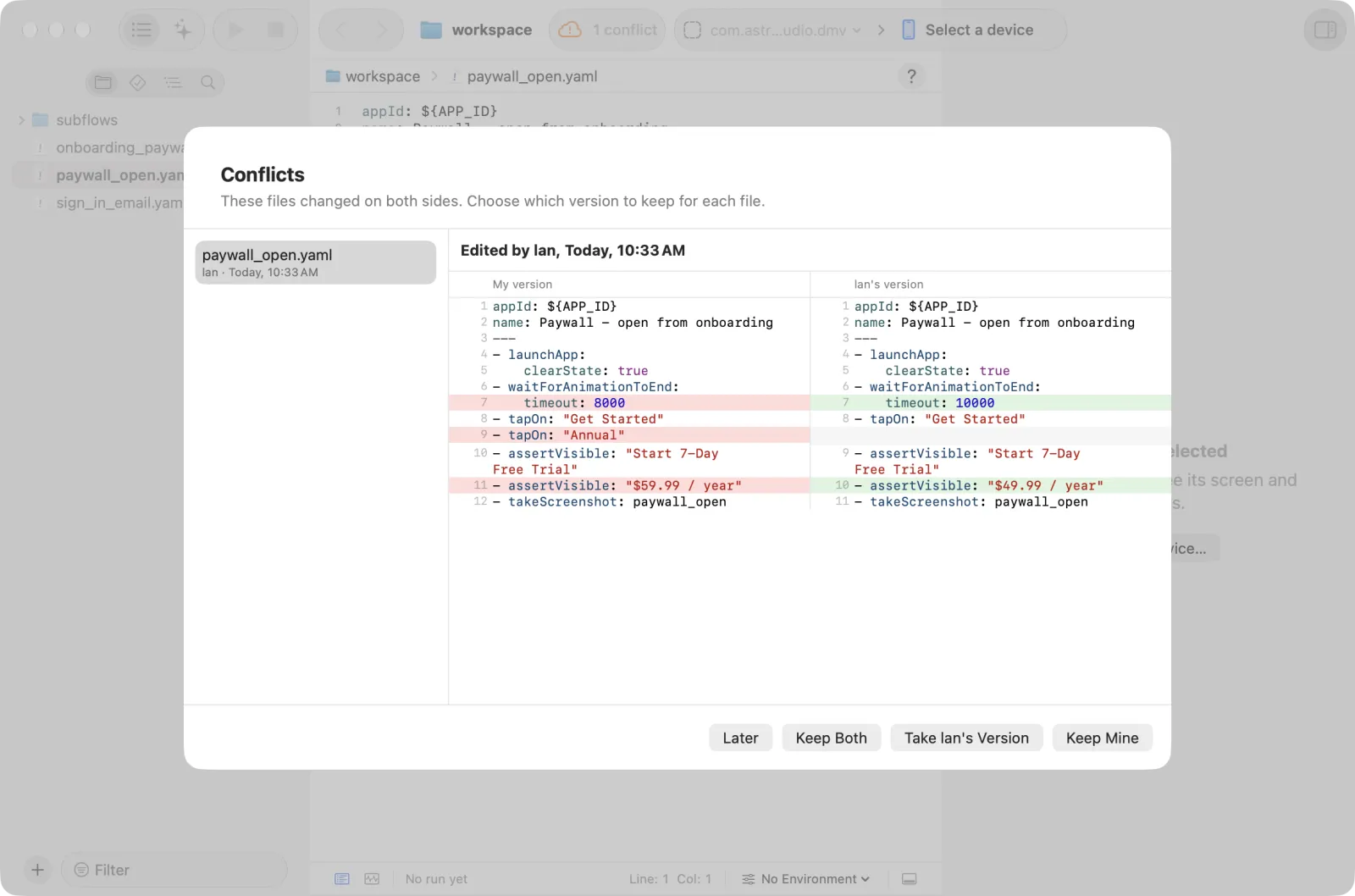 Conflicts sheet: My version of paywall_open.yaml beside Lan's version, with Later, Keep Both, Take Lan's Version and Keep Mine