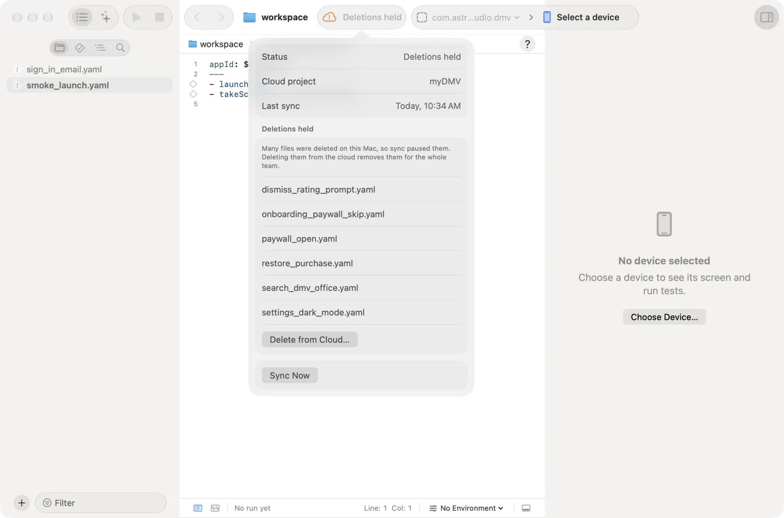 The Sync panel with the state Deletions held: six deleted flows and Delete from Cloud…