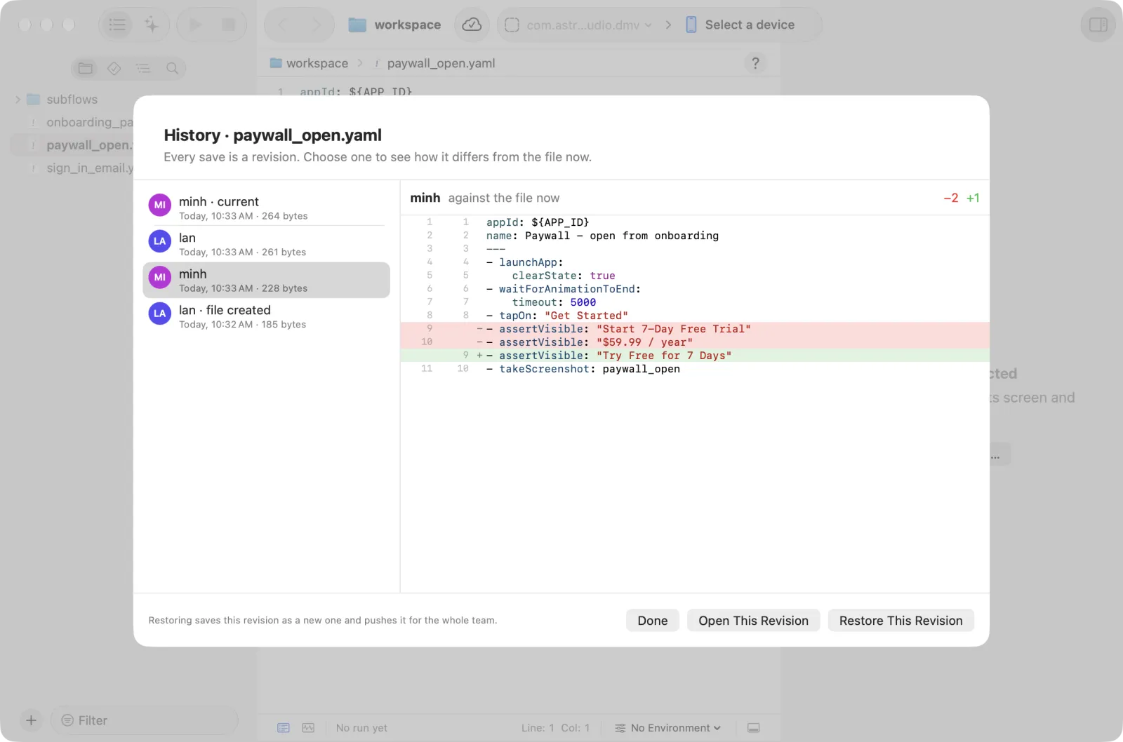 History sheet of paywall_open.yaml: four revisions by Lan and Minh, the second selected with its differences from the file now