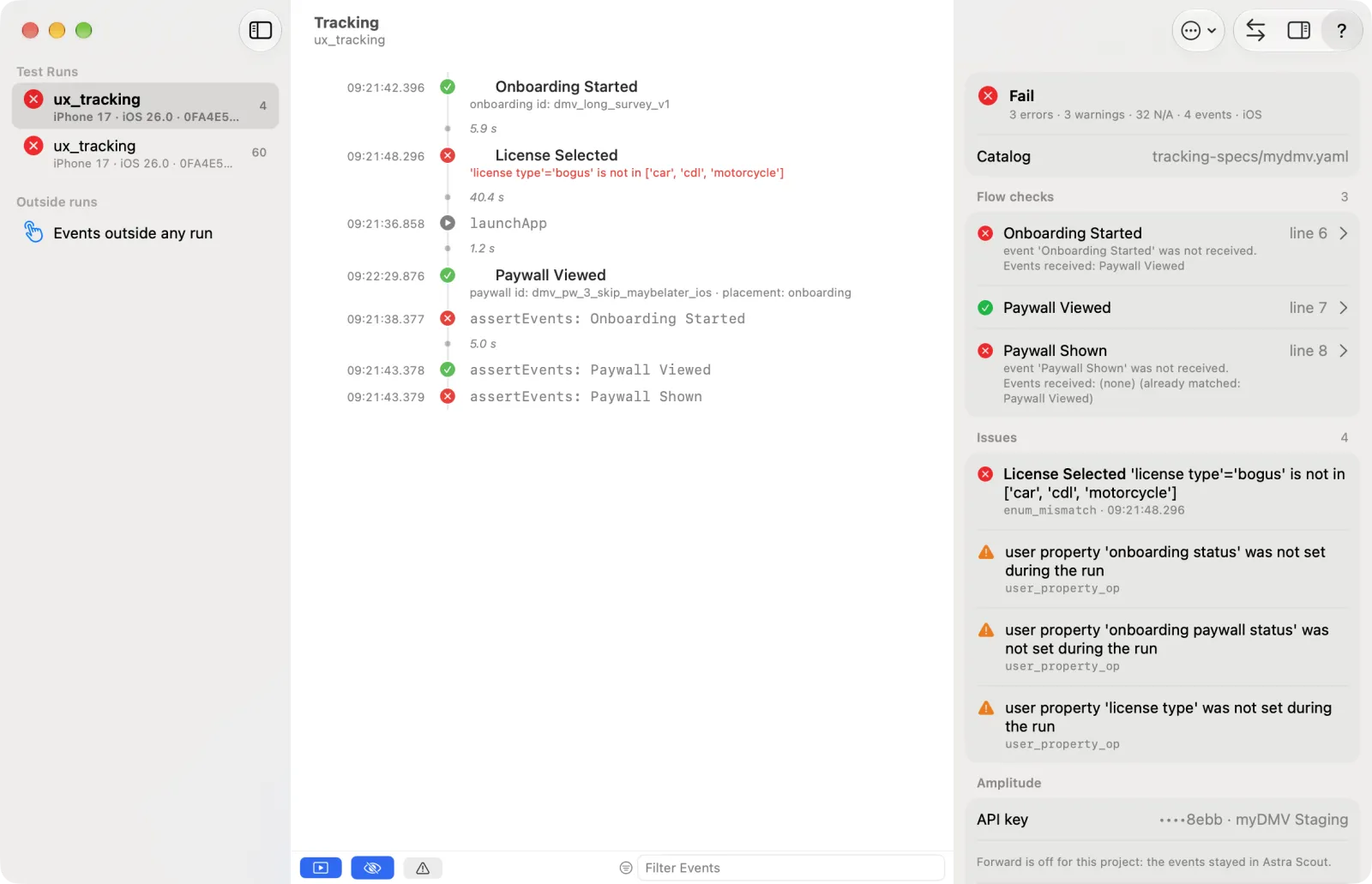 The Tracking window: events of a run with the checks and issues