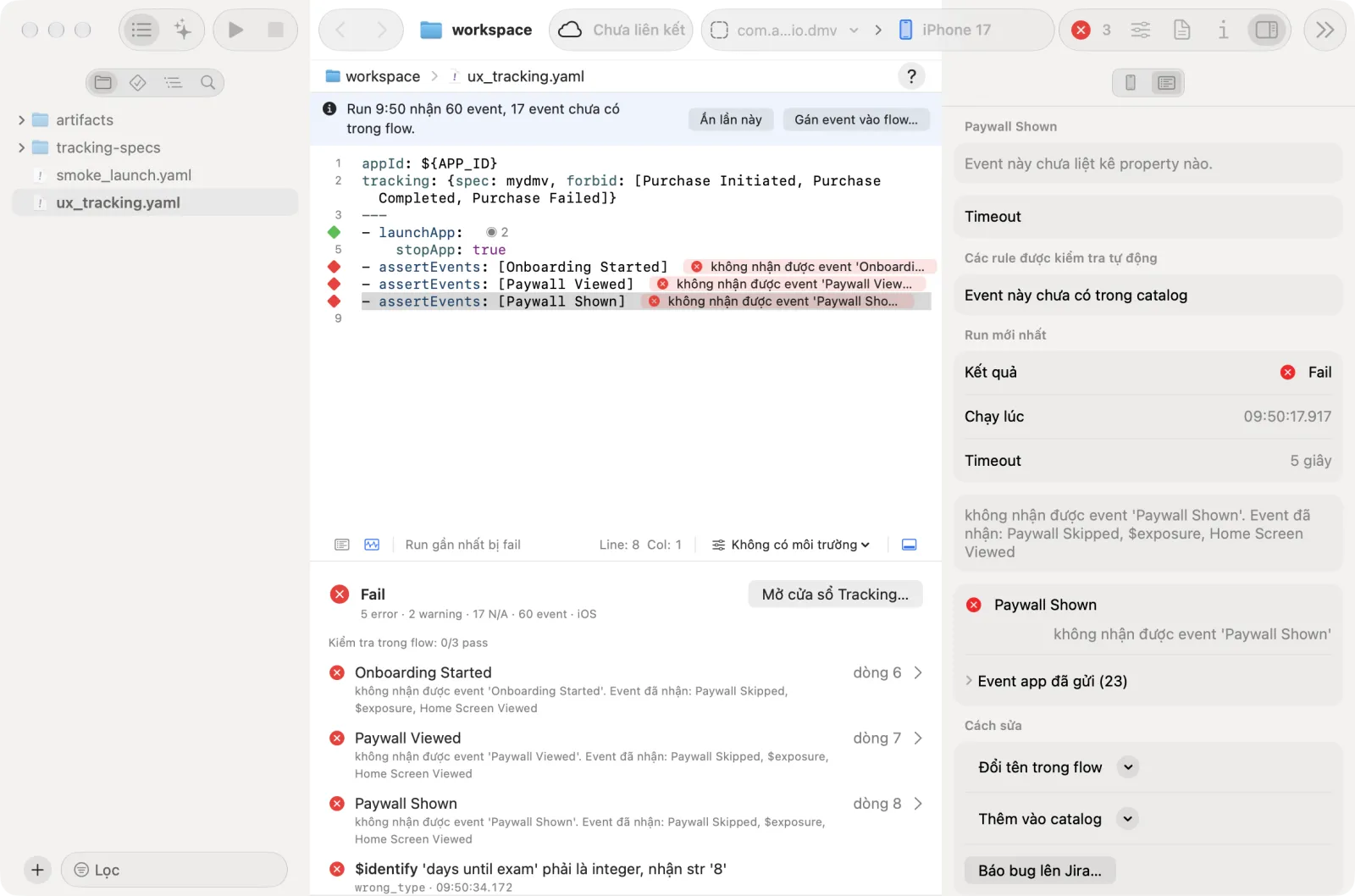 Tab Event của một dòng assertEvents