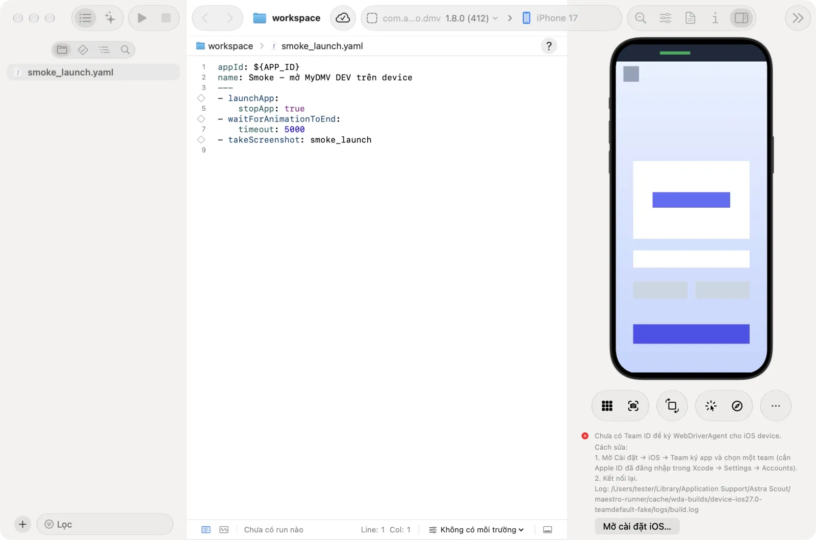 Bảng kết nối iOS device không ký được WebDriverAgent