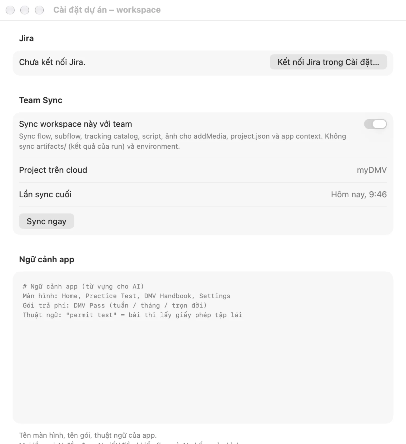 Cài đặt dự án với mục Ngữ cảnh app