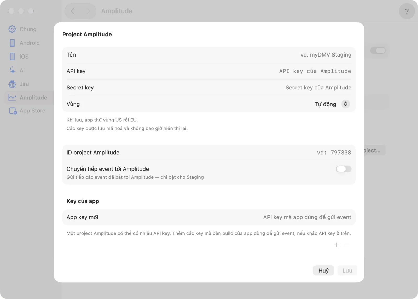 Form project: tên, key, vùng, ID project Amplitude, chuyển tiếp và key của app