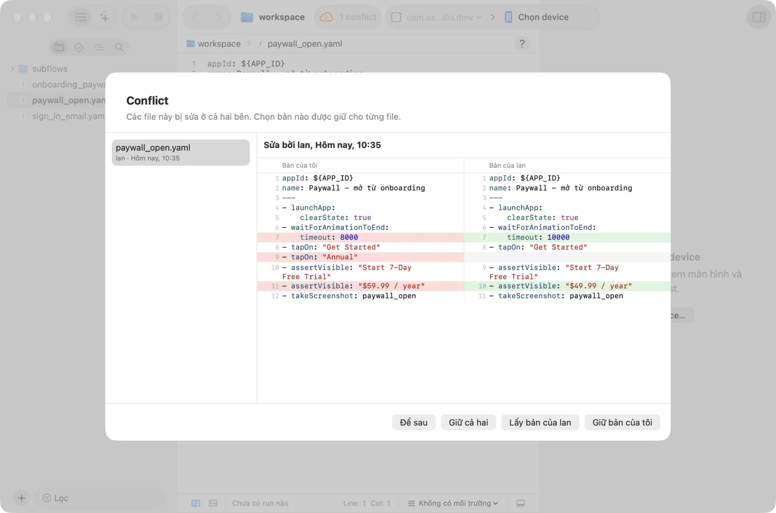 Sheet Conflict: Bản của tôi của paywall_open.yaml cạnh Bản của Lan, với Để sau, Giữ cả hai, Lấy bản của Lan và Giữ bản của tôi