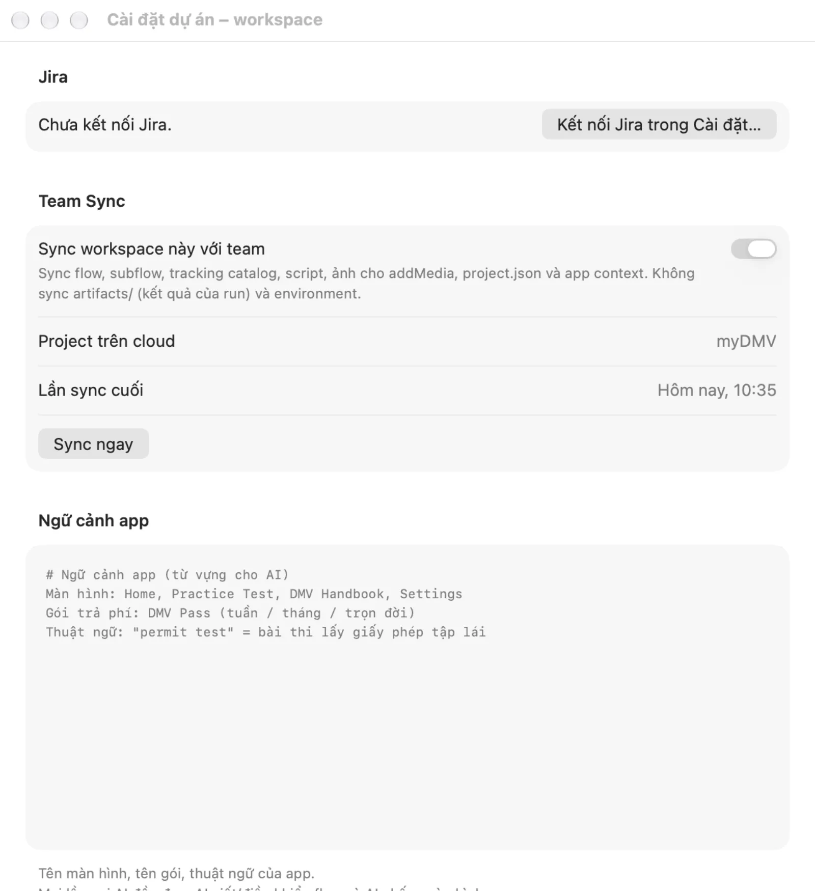 Cài đặt dự án với mục Team Sync: công tắc, Project trên cloud myDMV, Lần sync cuối và Sync ngay