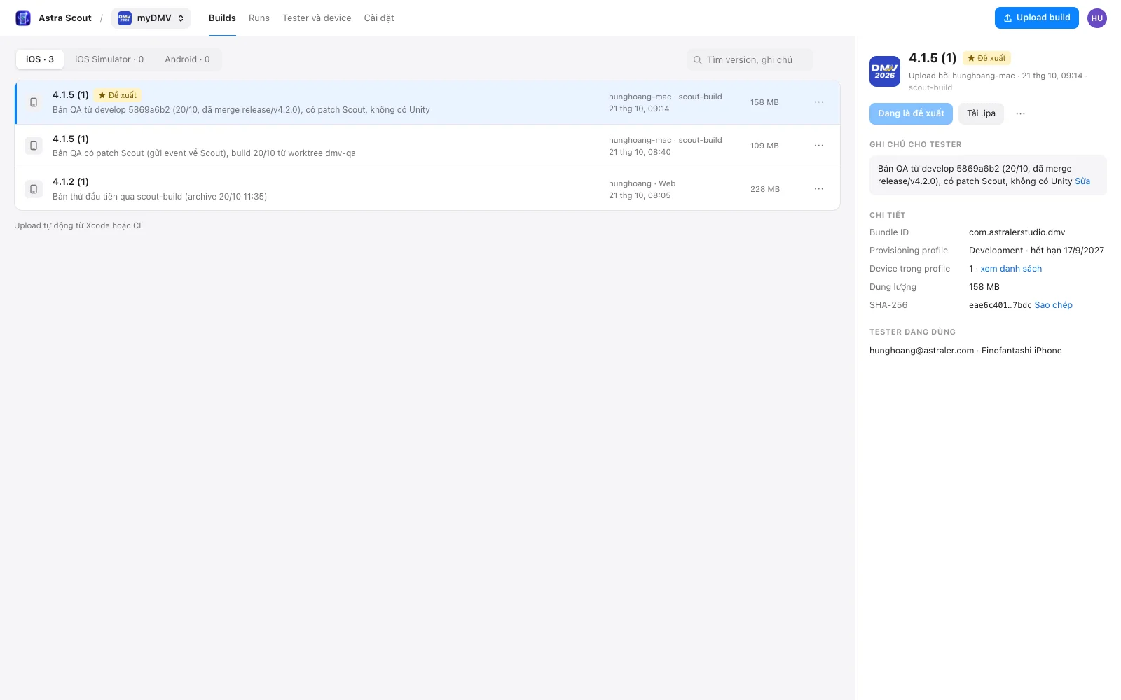 Builds tab of the web page: the iOS builds of myDMV, and the details of the recommended build