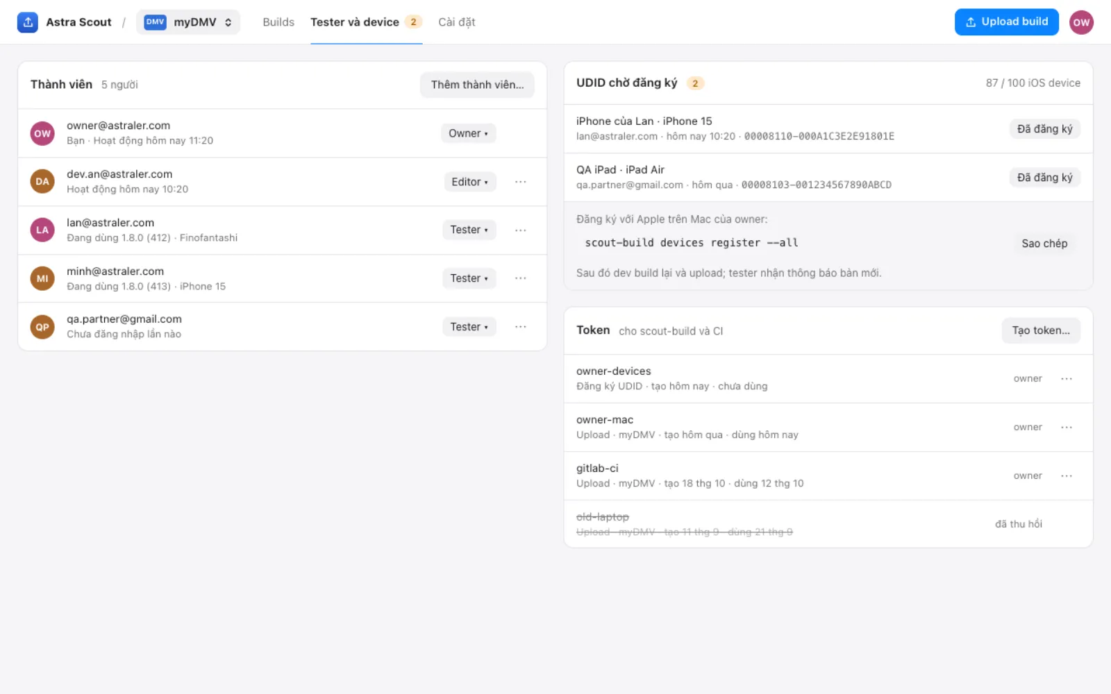 Tab "Tester và device": members, the UDID list with "87 / 100 iOS device", and the tokens