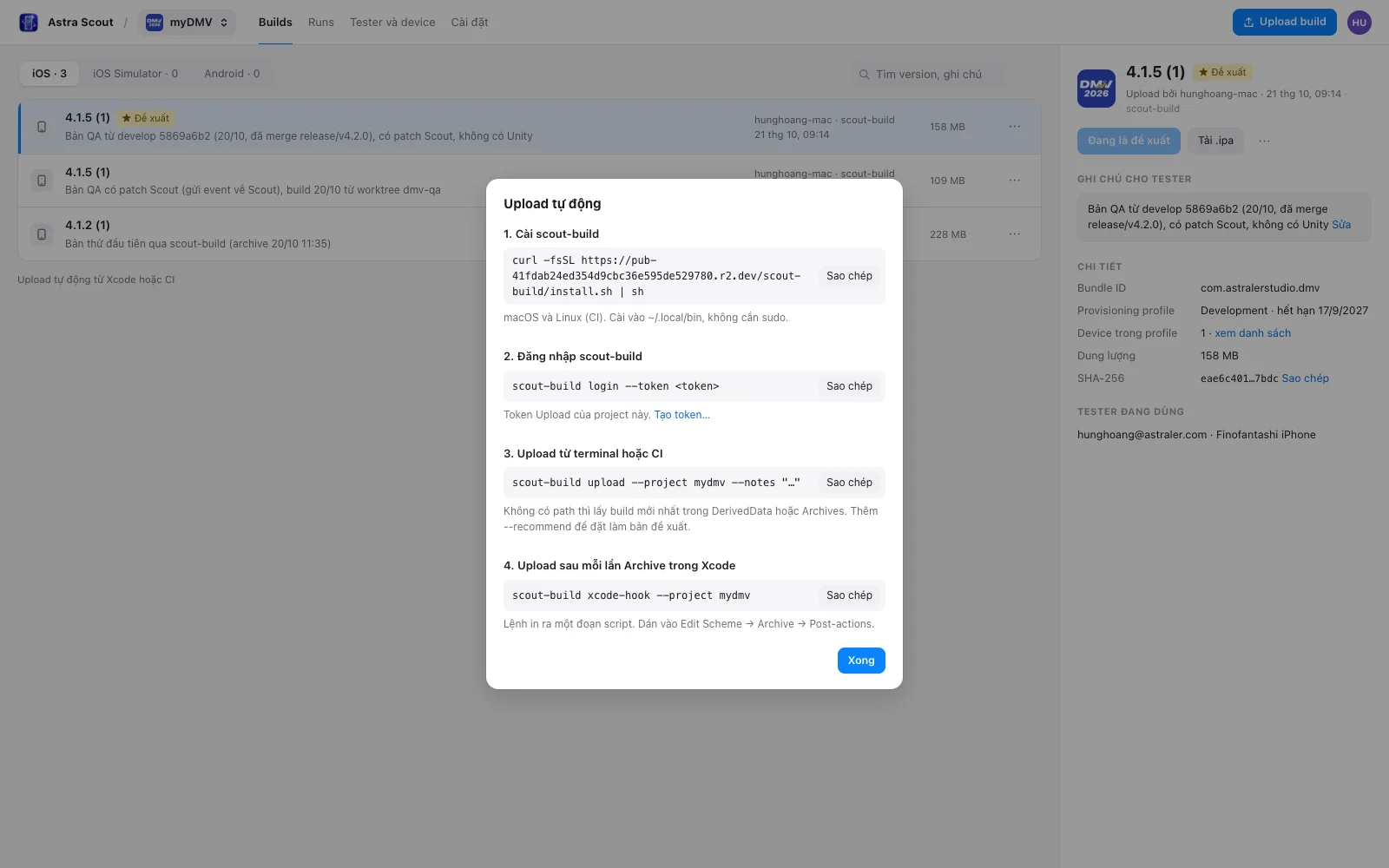 Dialog "Upload tự động" with the scout-build install, login, upload and xcode-hook commands