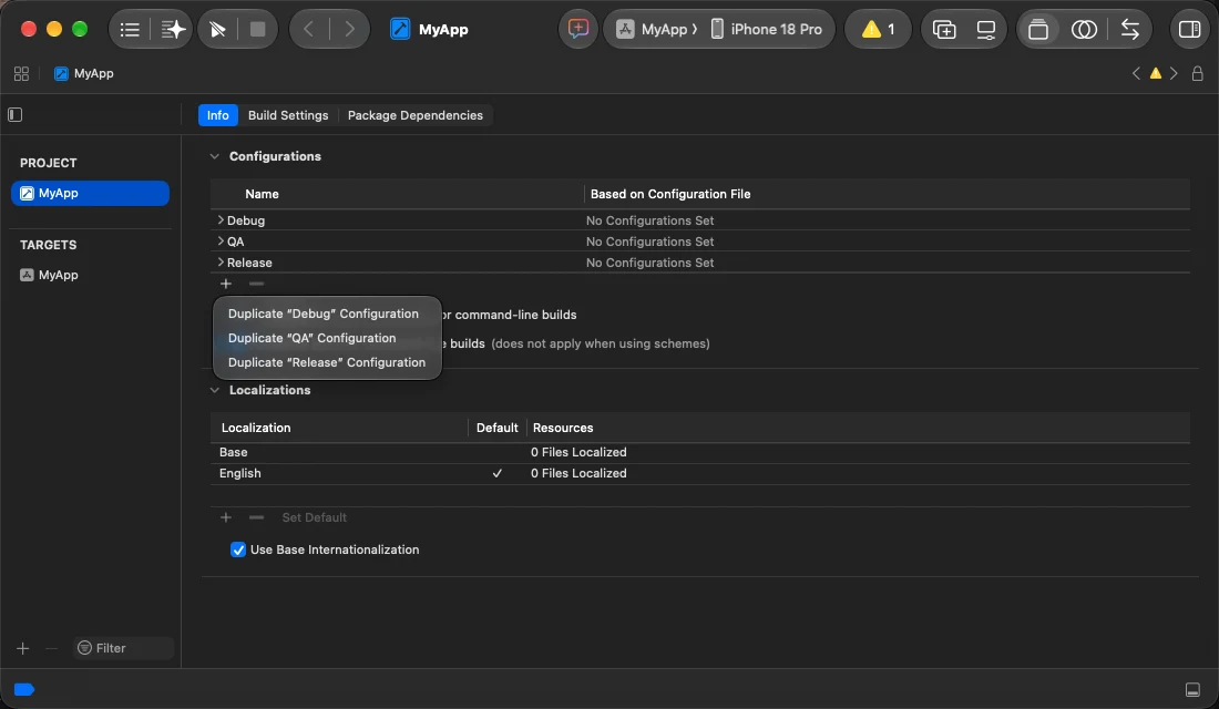 The + menu below Configurations, with Duplicate "Debug" Configuration