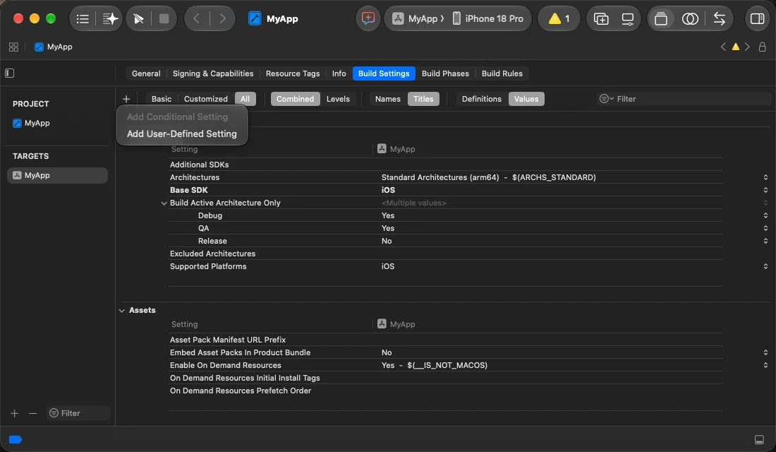 The Build Settings + menu, with Add User-Defined Setting