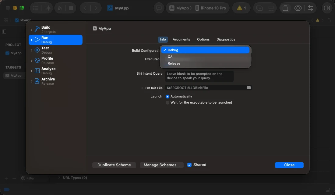 Edit Scheme, Run, with QA in the Build Configuration list