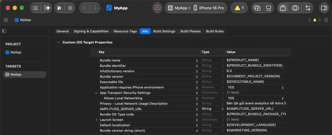 Custom iOS Target Properties with AMPLITUDE_SERVER_URL, App Transport Security Settings → Allows Local Networking, and Privacy - Local Network Usage Description