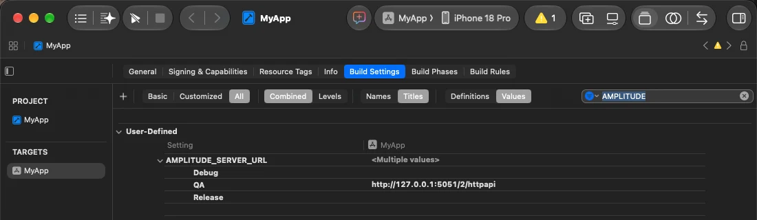 AMPLITUDE_SERVER_URL set on the QA row, empty on Debug and Release